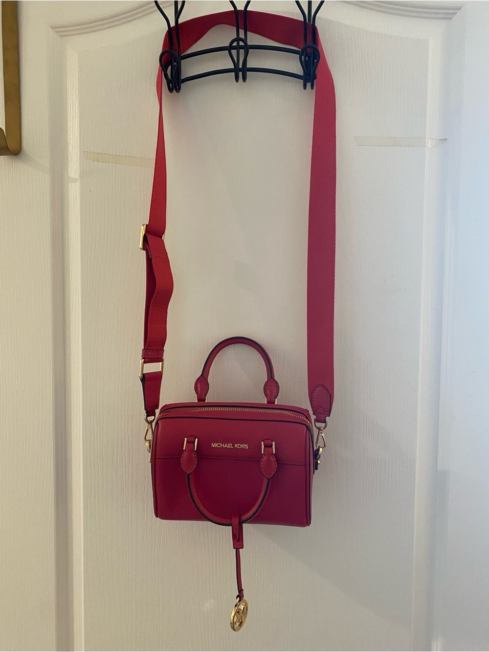 Michael Kors Red Leather Crossbody Camera Bag with Gold Hardware